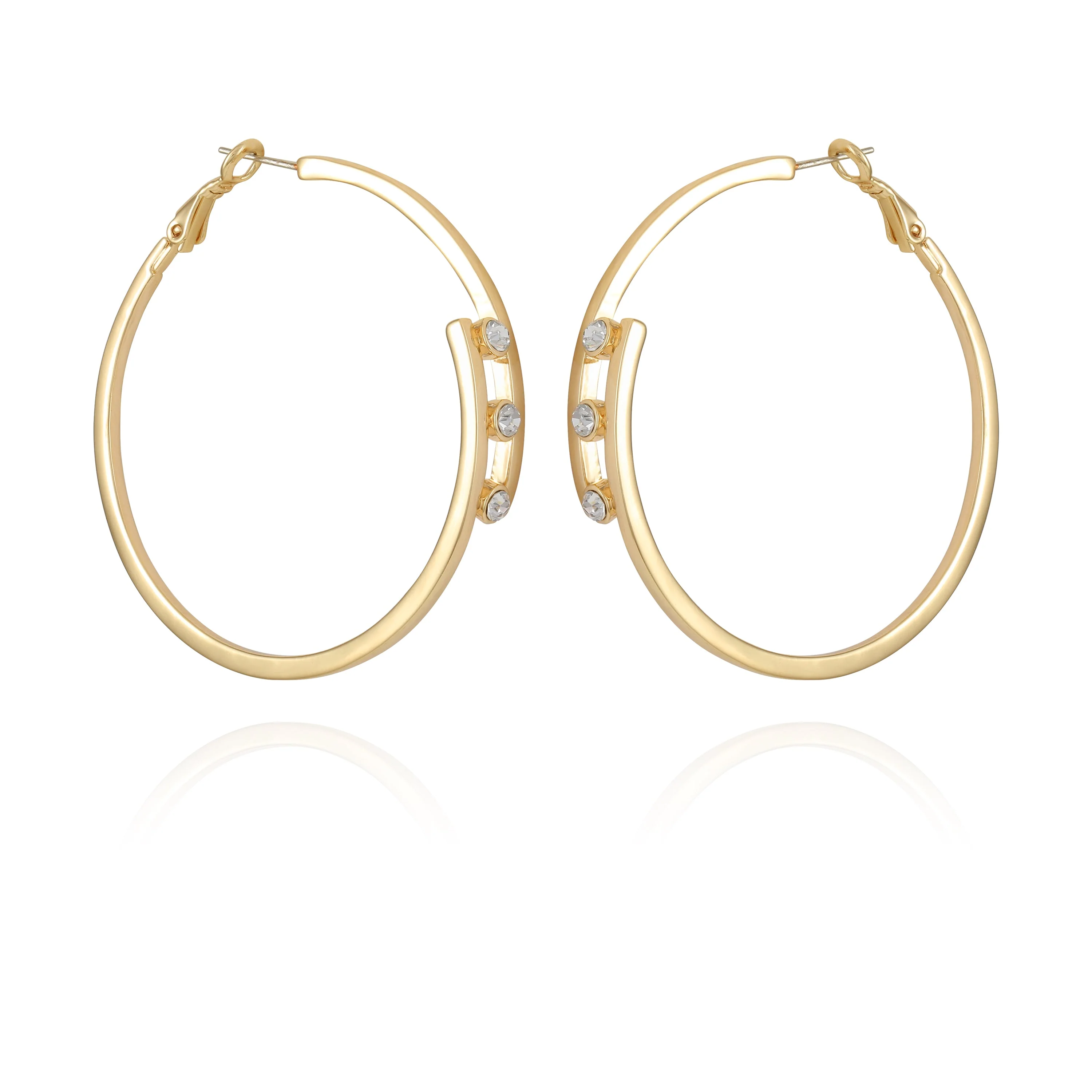 14K Goldtone Tri-Crystal Stone Hoop Earring