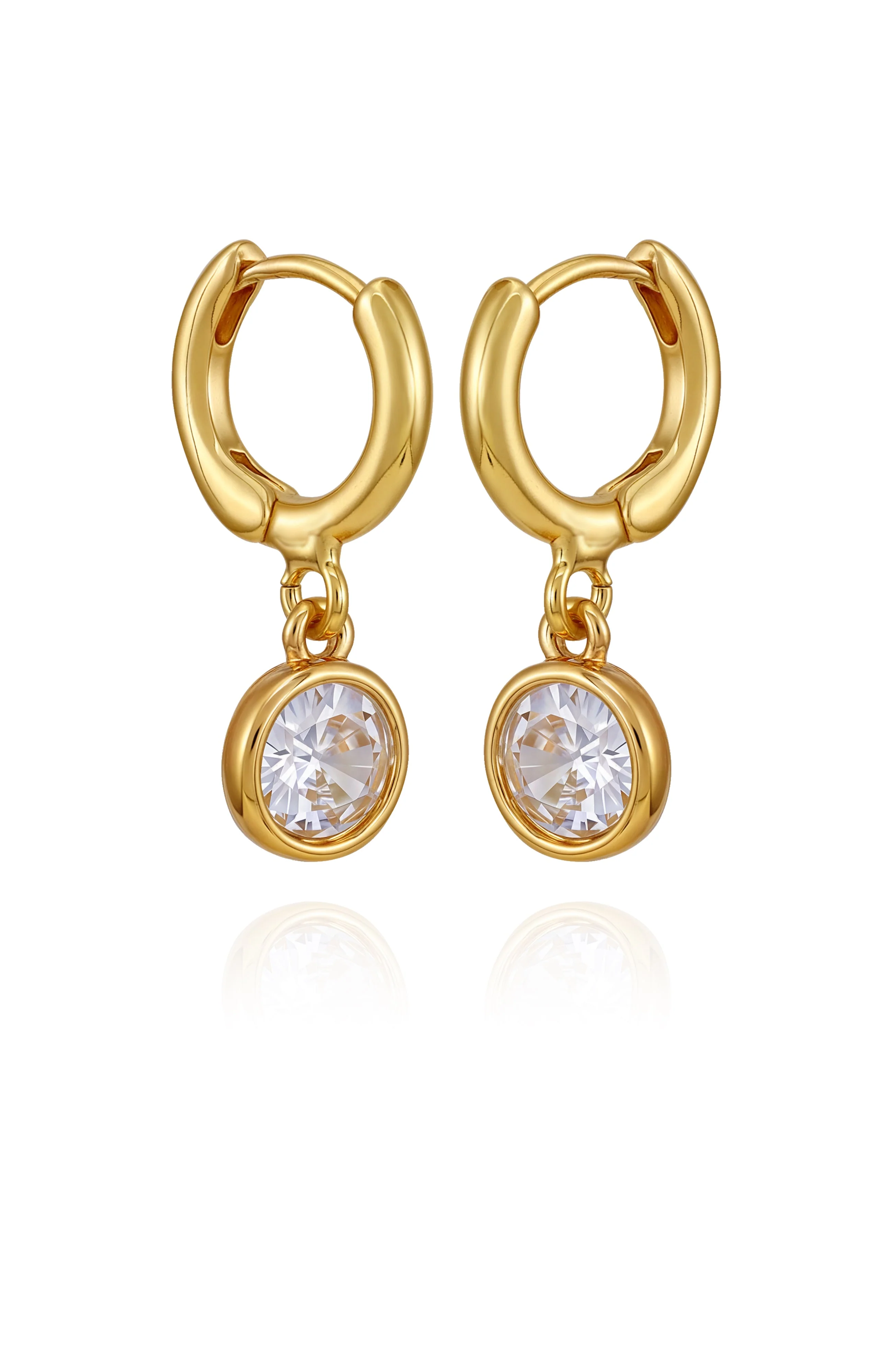 Gold Tone Cubic Zirconia Drop Huggie Hoop Earrings - Image 2