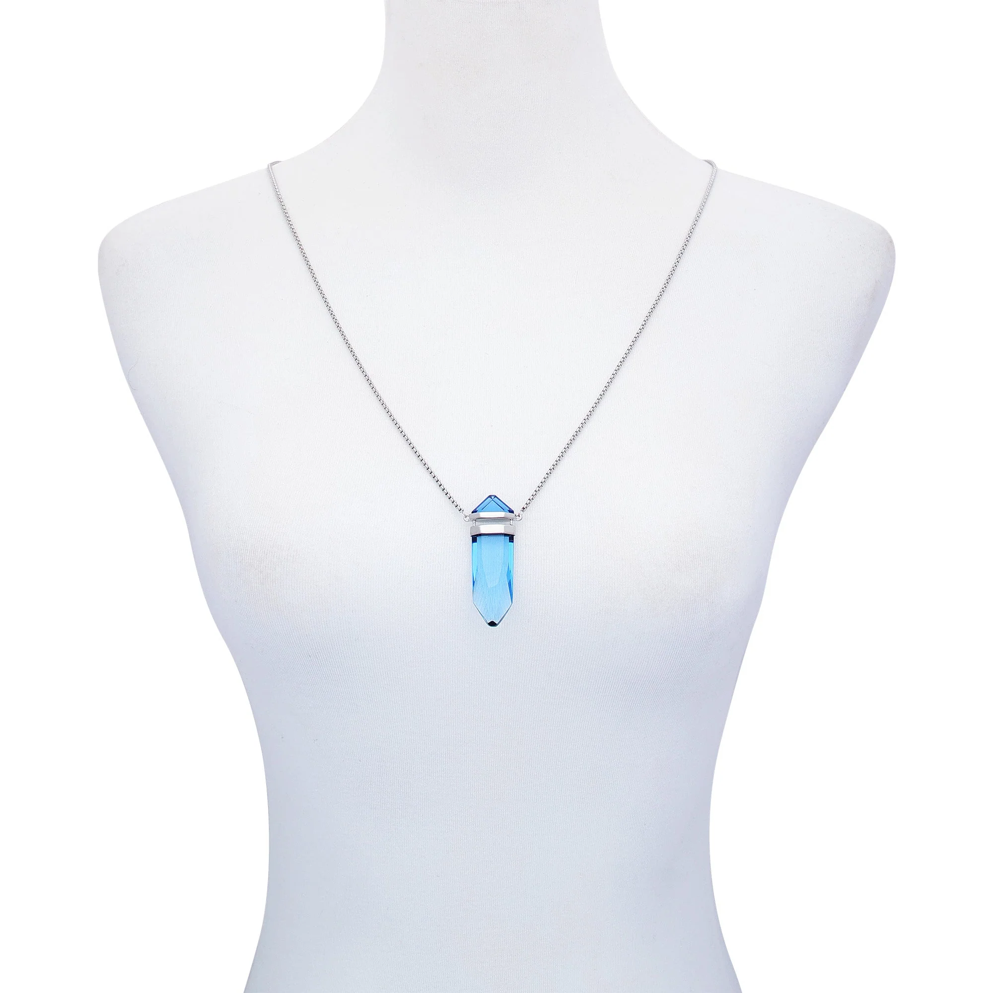Silvertone Blue Crystal-Shape Stone Pendant Long Necklace - Image 2