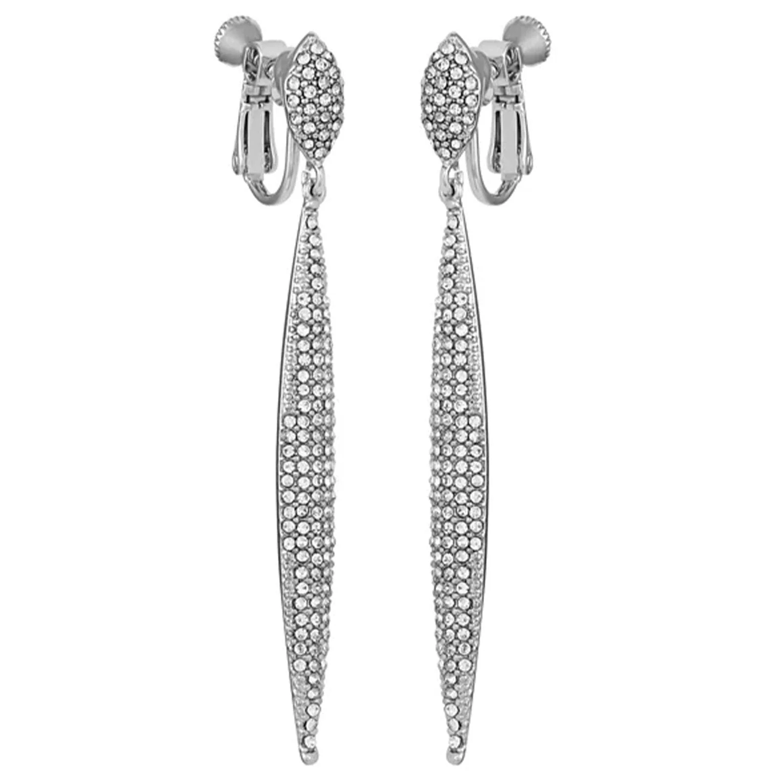 Silvertone Glass Stone Pave Drop Clip On Earrings - Image 2