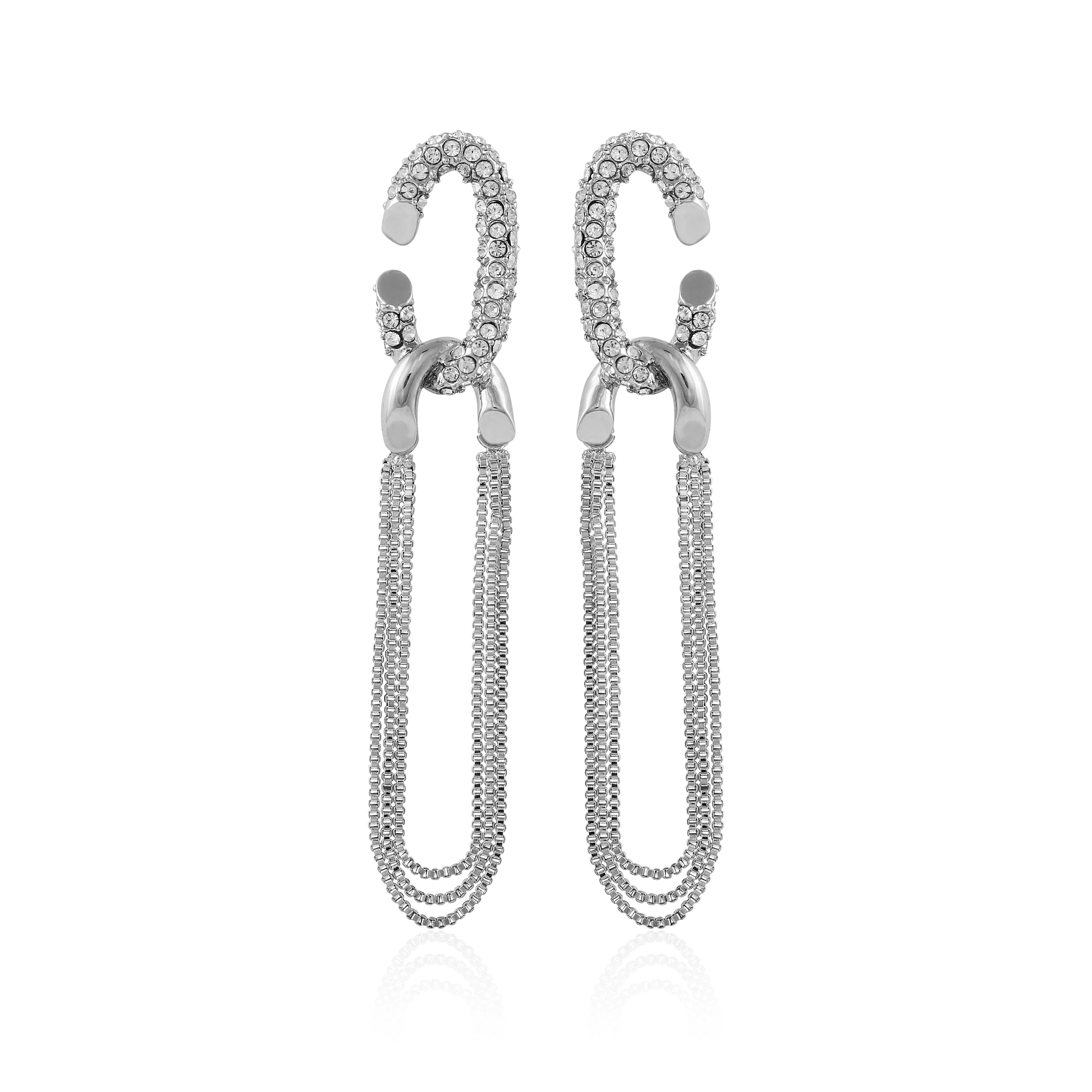 Silvertone Tassel Chain Huggie Hoop Drop Earrings